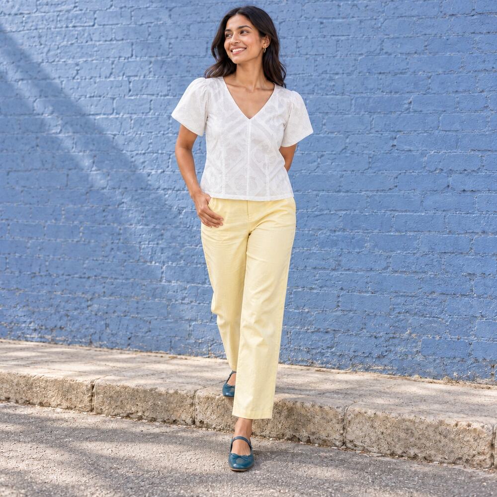 Madewell Top WMNS 0 White Floral Eyelet V Neck Puff Sleeve Cottagecore